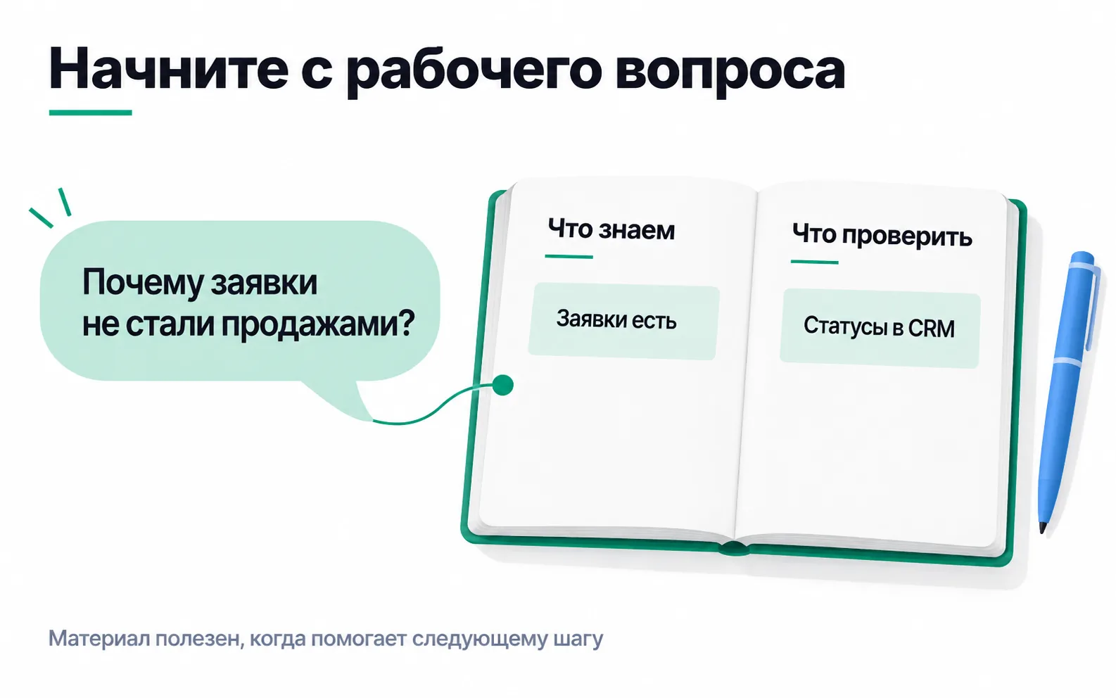 A learning route: turn a question about leads and sales into two notes - what is already known and what has to be checked in the CRM. This is an example of a personal note, not a built-in feature of the site.