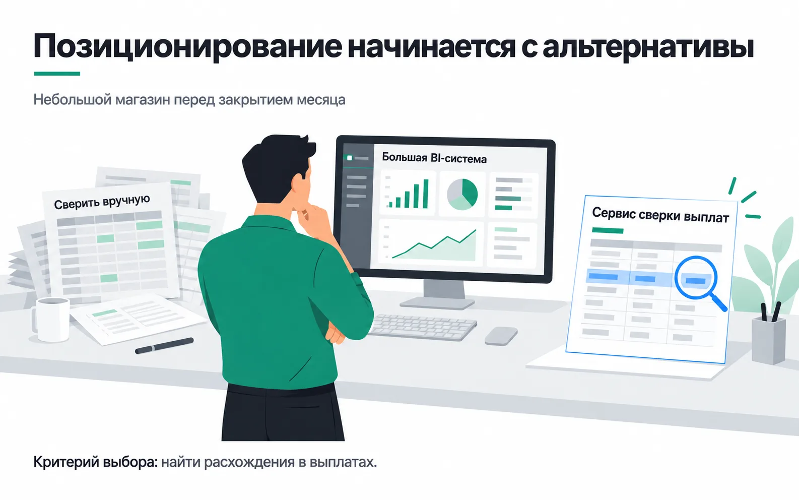 A small shop's accountant, with month-end coming, chooses between manual reconciliation, a large BI system and a payout reconciliation service; the criterion is finding discrepancies in payouts.