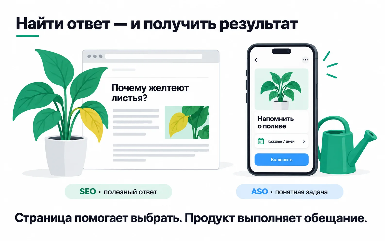 On the left an article explains why leaves turn yellow; on the right an app switches on a watering reminder.