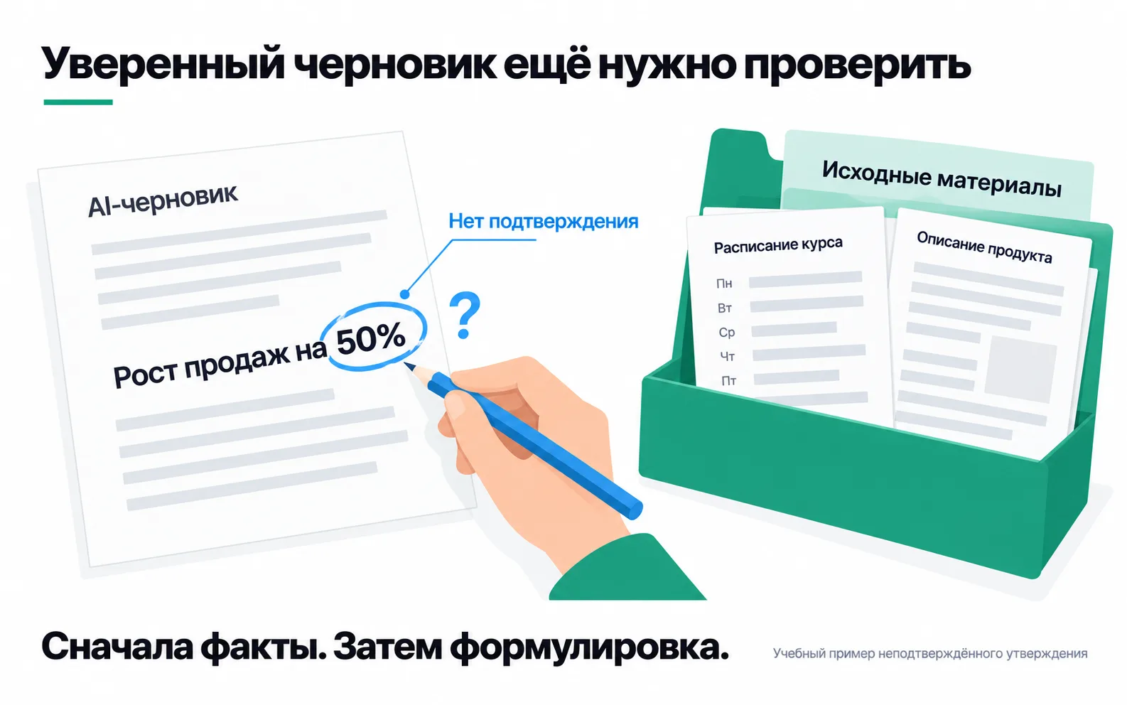 In the AI draft, "50%" in the line "Sales growth of 50%" is circled and marked "No confirmation"; on the right are the source materials: the course schedule and the product description.