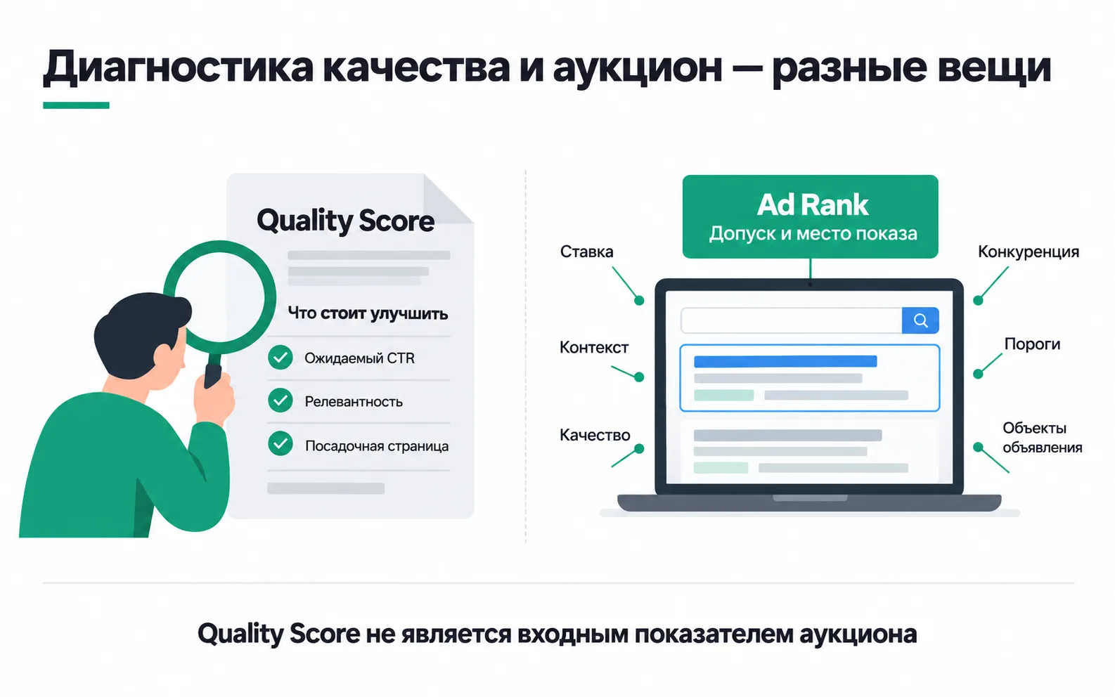 On the left, Quality Score points to what to improve; on the right, Ad Rank decides eligibility and position from the bid, context, quality, competition, thresholds and ad assets.