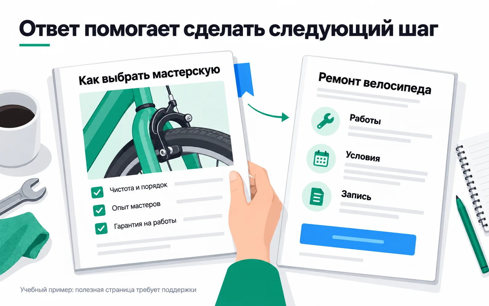 A "How to choose a repair shop" guide with a checklist, and an arrow to a "Bike repair" page with sections for the work, the terms and booking.
