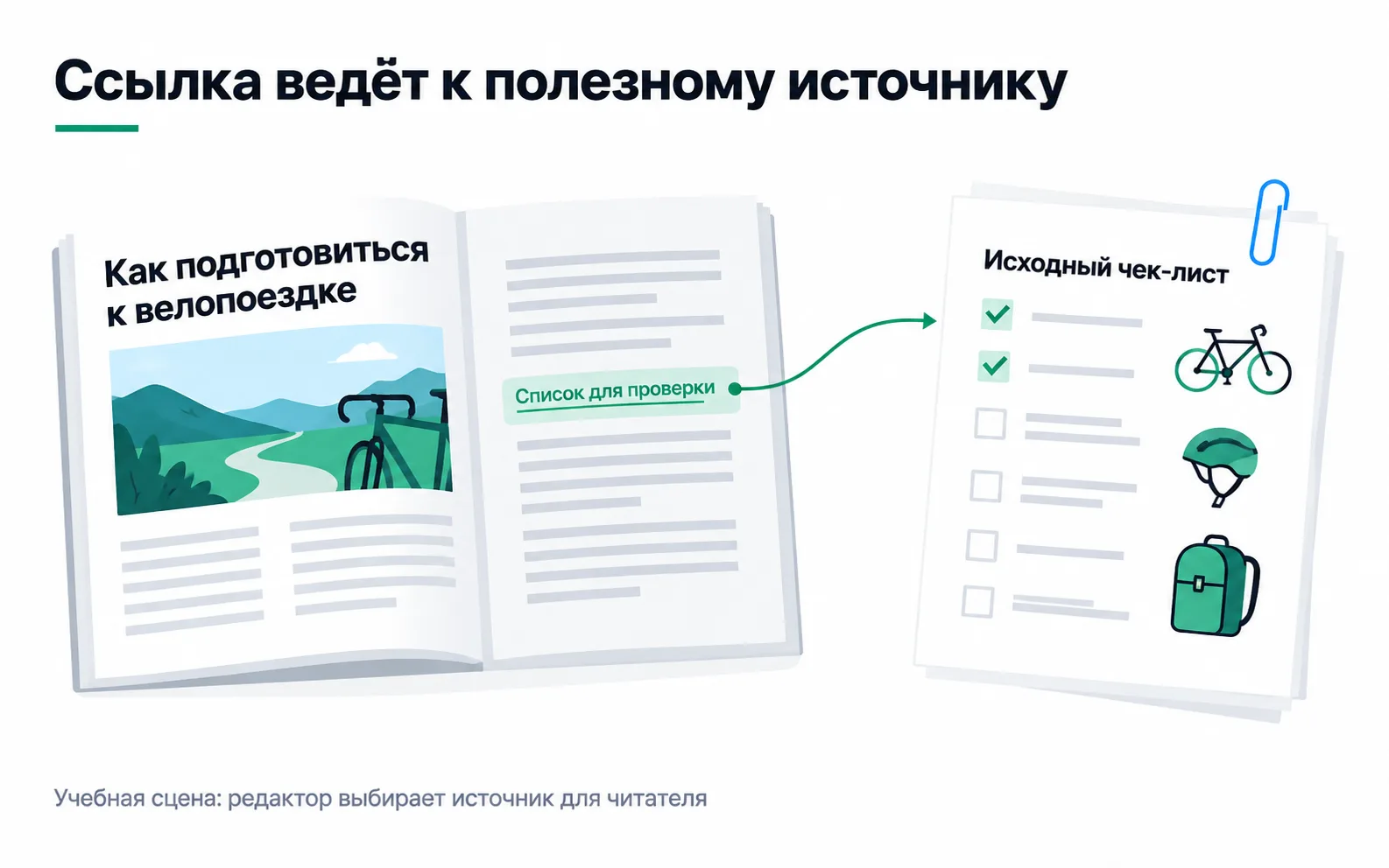The article "How to prepare for a bike trip" links to the original checklist: the "Checklist" link sits exactly where the reader needs a list.