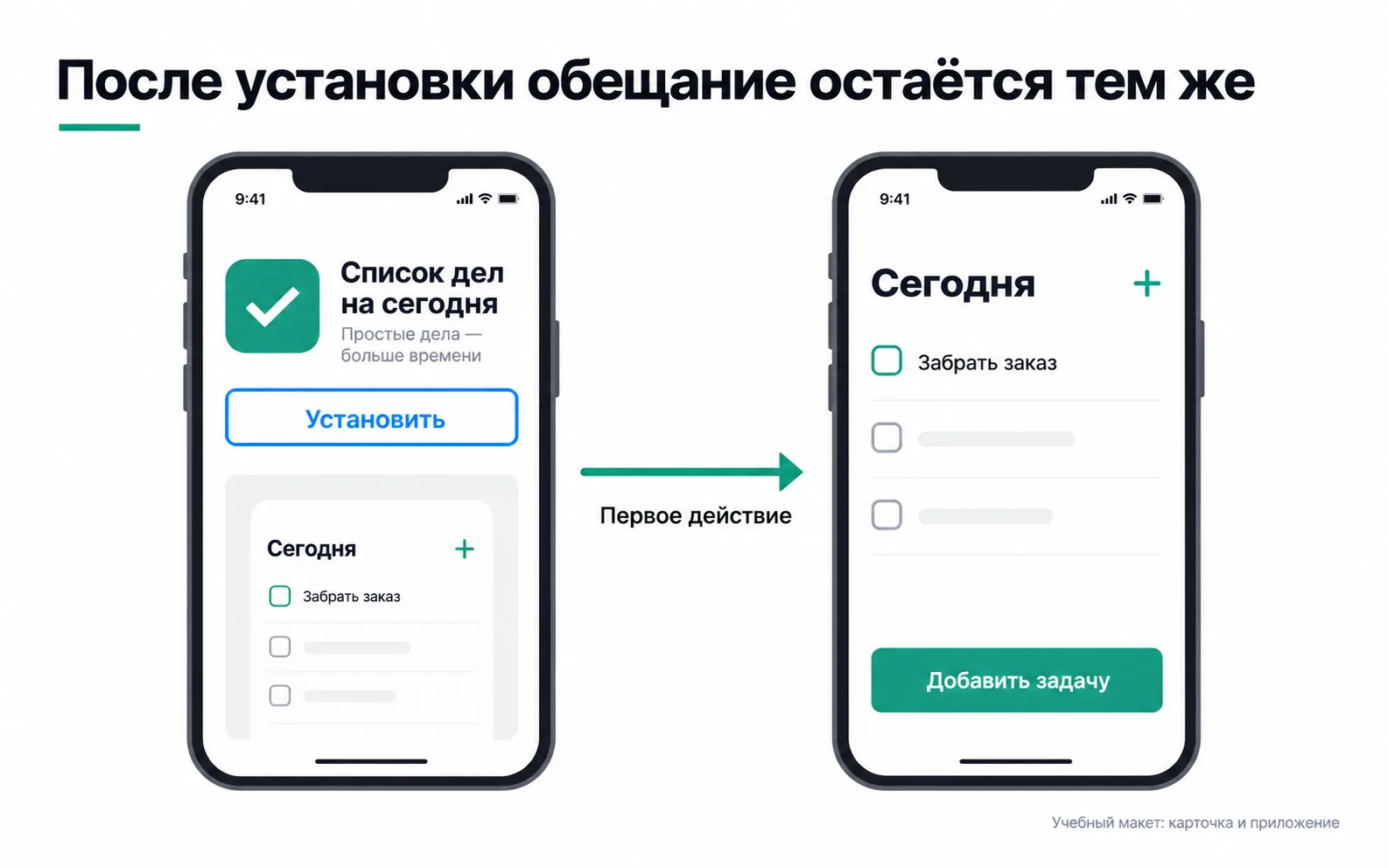 A different app, the same principle: on the left the store page promises today's to-do list; on the right, after installing, the same list opens with an Add task button.