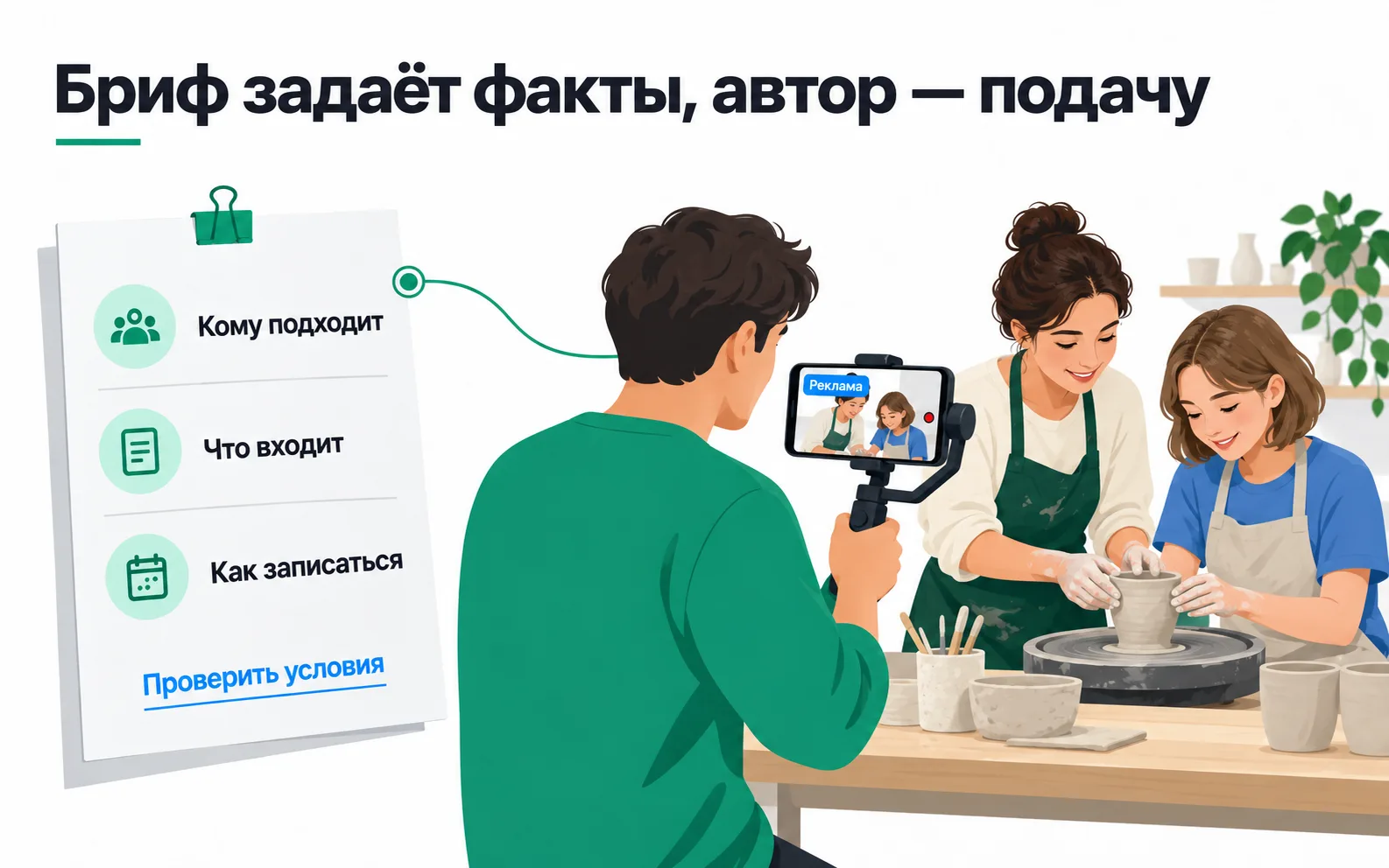 The brief sets the facts: who it suits, what's included, how to book. How to film it is the creator's call, and the phone screen already shows an "Ad" label.