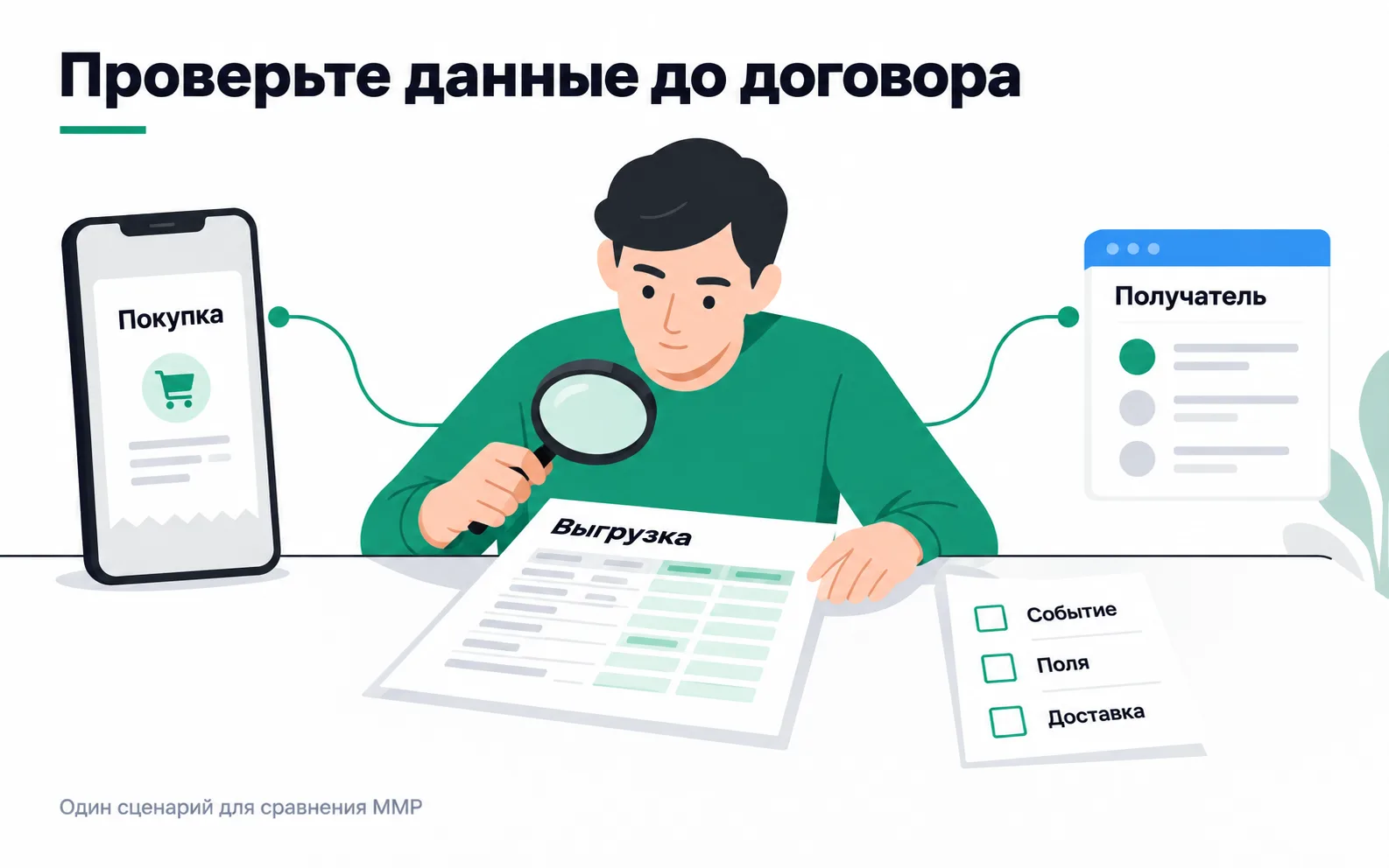 One purchase and the three things you check before signing: the event in the app, the fields in the export and the delivery of data to the recipient.