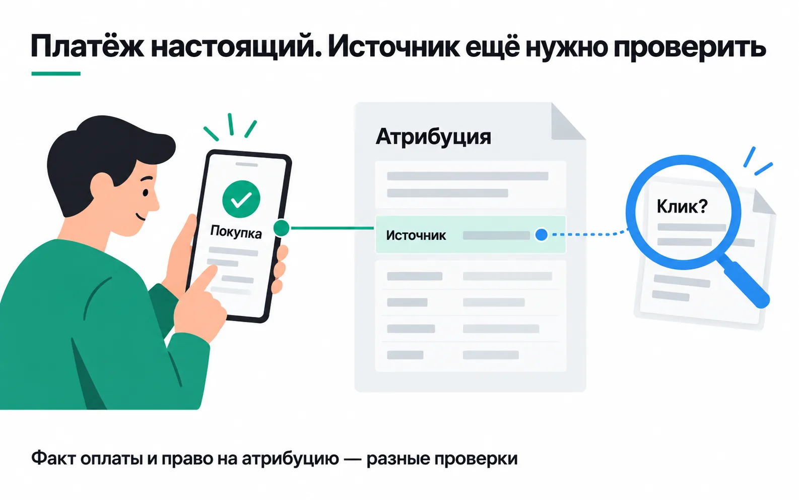 The purchase in the app is real, but the click it was credited to still has to be checked.