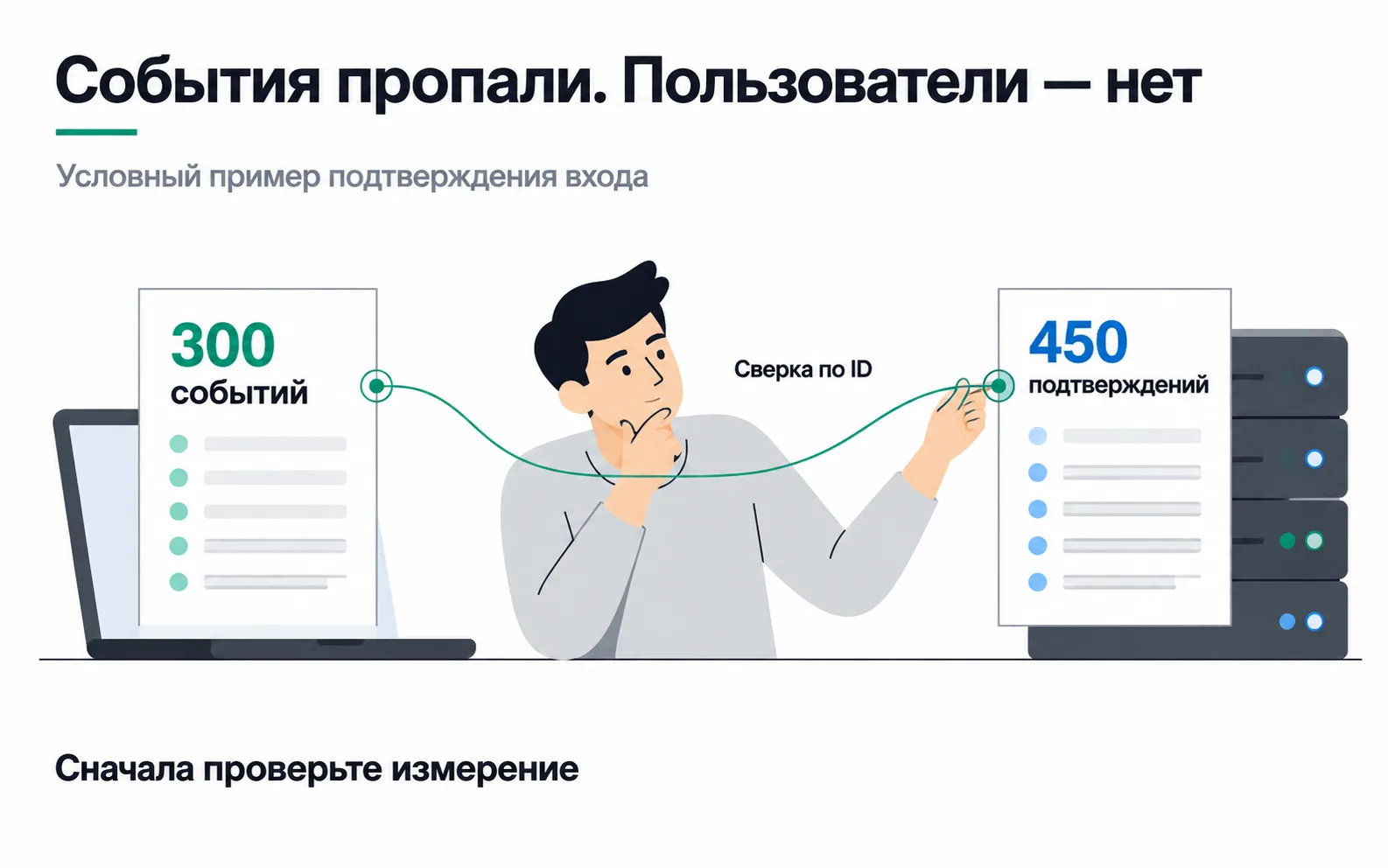300 login events in analytics and 450 confirmations in the server log: the analyst matches them by ID before looking for a reason in user behaviour.