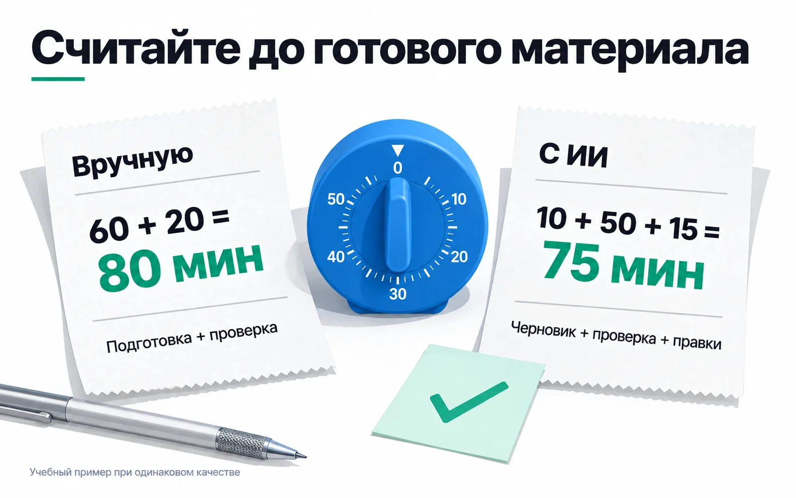 The left receipt shows manual preparation and review: 60 + 20 = 80 minutes. The right receipt shows an AI draft, review and corrections: 10 + 50 + 15 = 75 minutes. A timer stands between them. Labels are in Russian.
