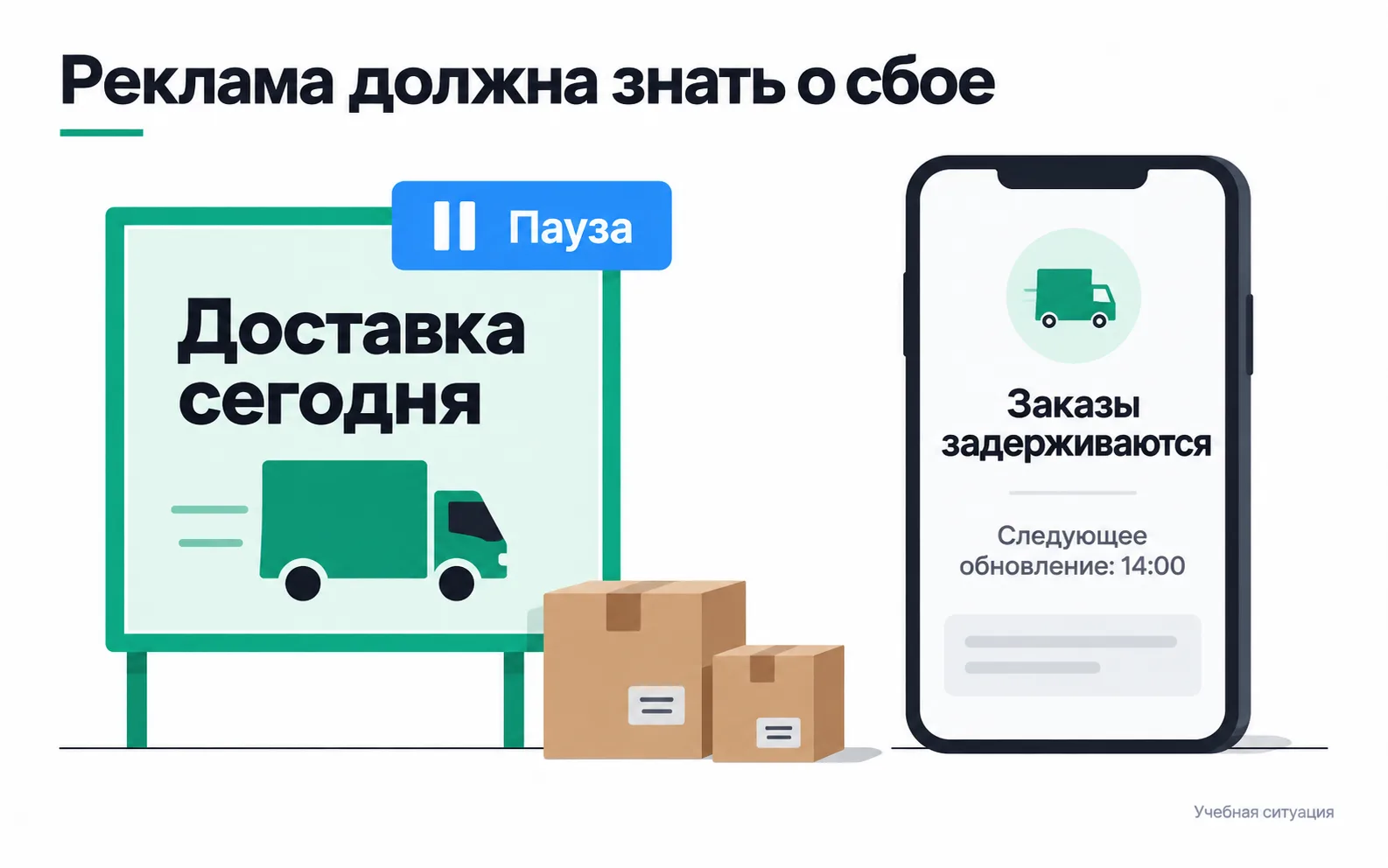 A "Delivery today" banner is paused next to some boxes, while a customer's phone shows "Orders are delayed" and the time of the next update, 14:00.