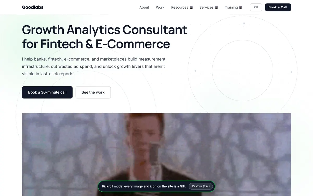 The Goodlabs home page with every image replaced by a dancing Rick Astley GIF, and the restore bar along the bottom.