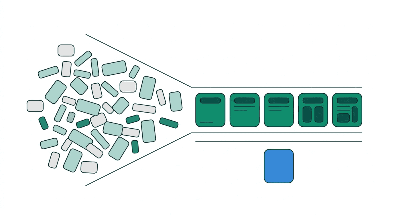 Two hundred scattered events collapsing into an aligned set, with the payment event on a separate server-side layer