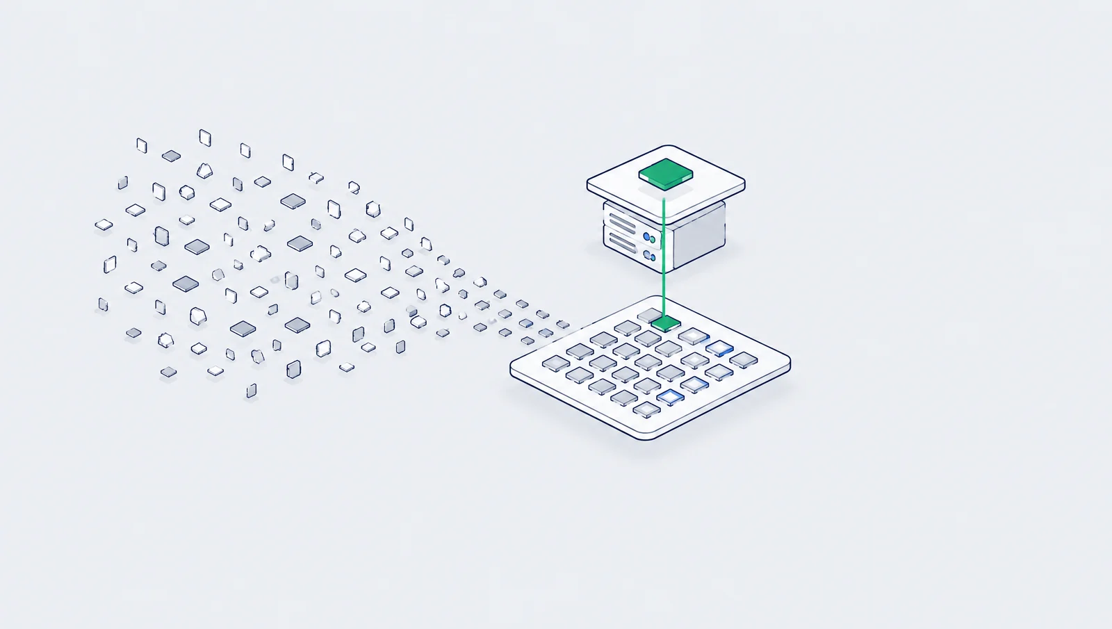 Two hundred scattered events collapsing into an aligned set, with the payment event on a separate server-side layer